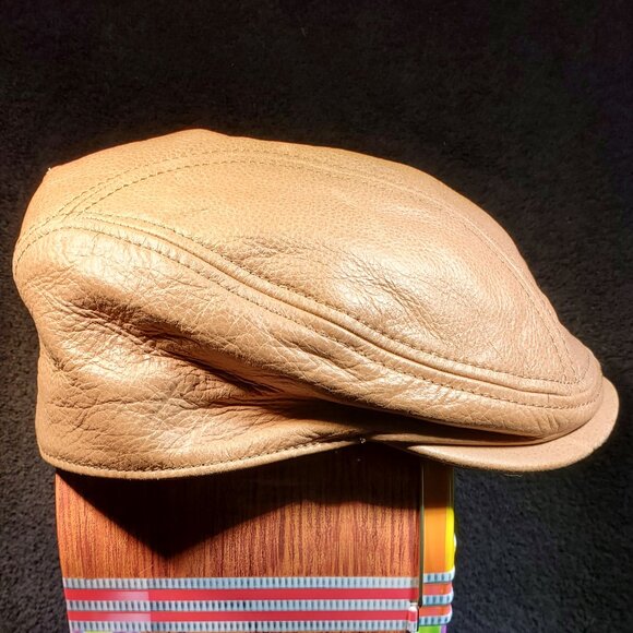 VINTAGE TOP GRAIN LEATHER NEWSPAPER BOY FLAT CAP BY SCALA ...LIGHT CARAMEL L/XL - Picture 2 of 5